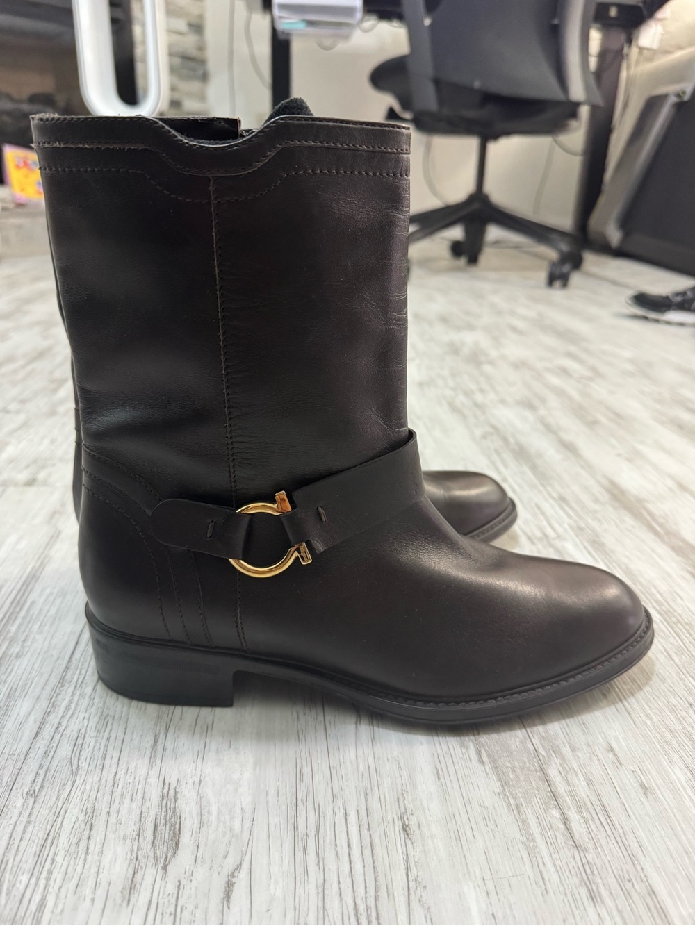 Authentic Salvatore Ferragamo Brown Leather Mid-Calf Boots with Gold Buckle